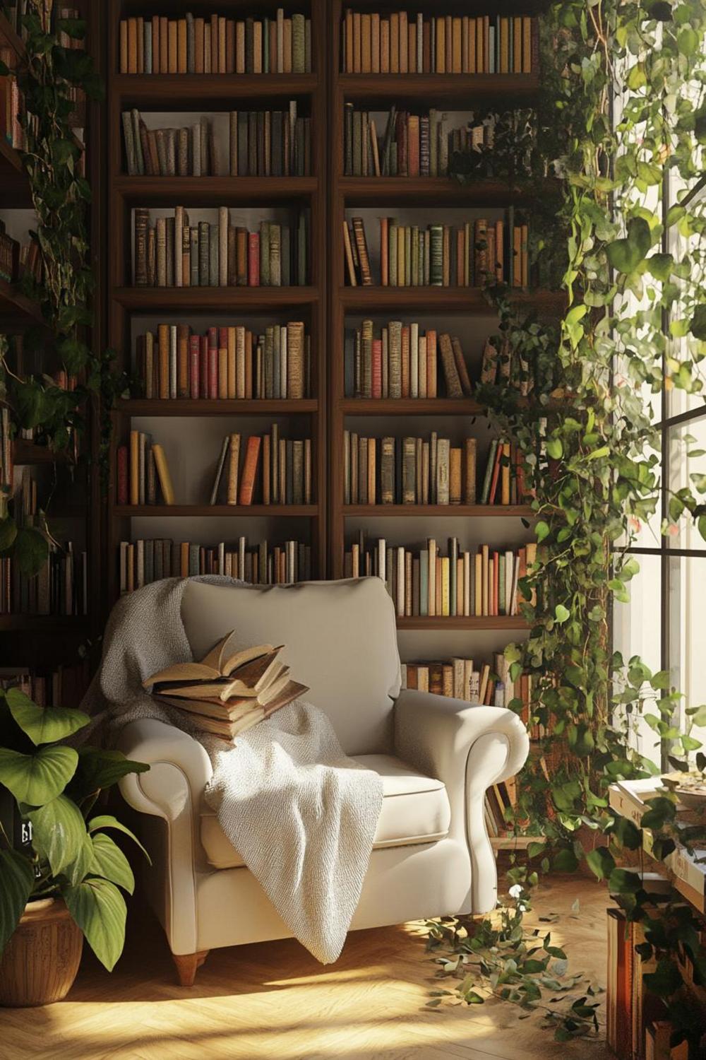 Intimate reading corner with layered textiles and ambient lighting
