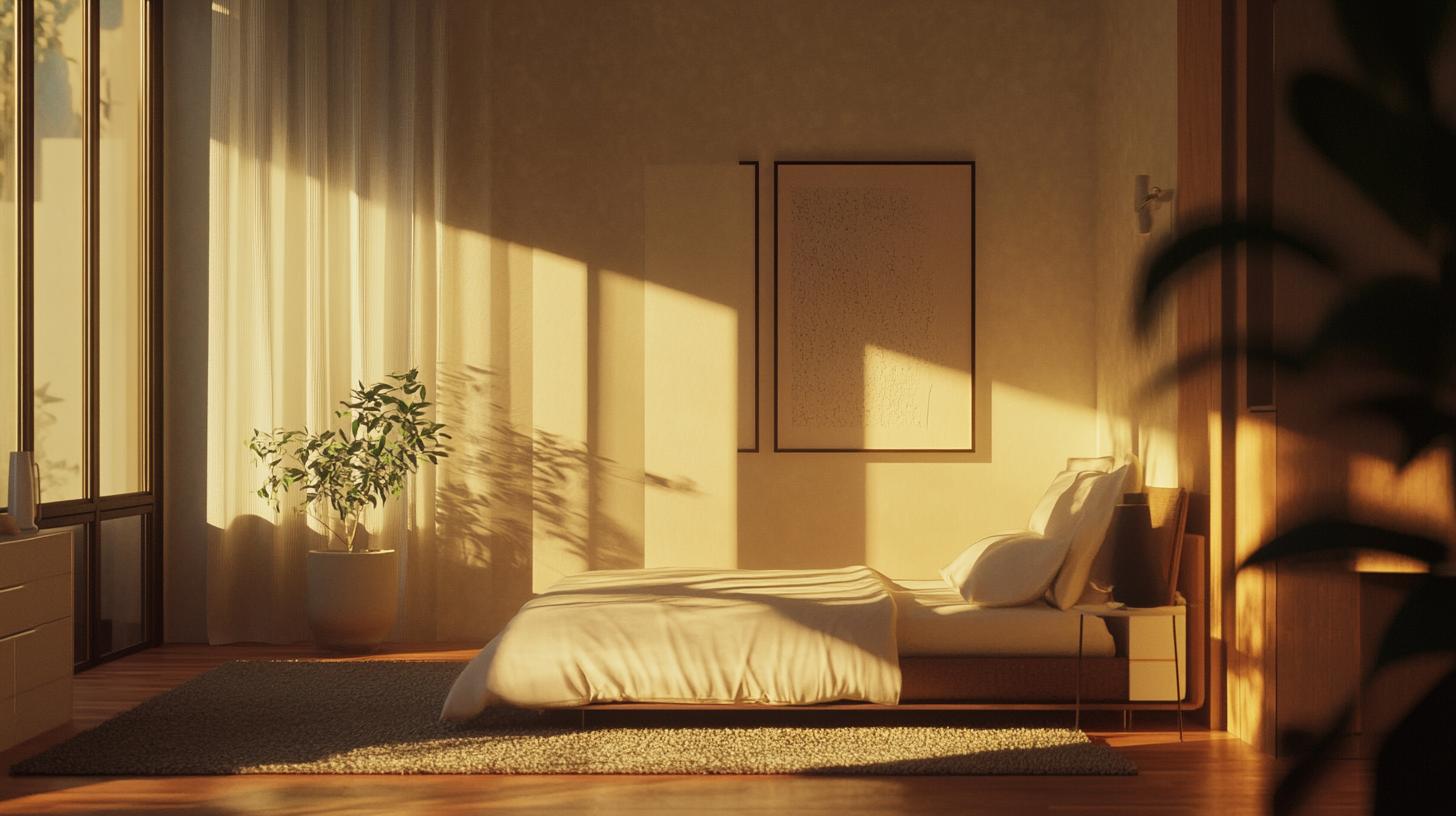 Minimalist bedroom with hidden storage and convertible furniture