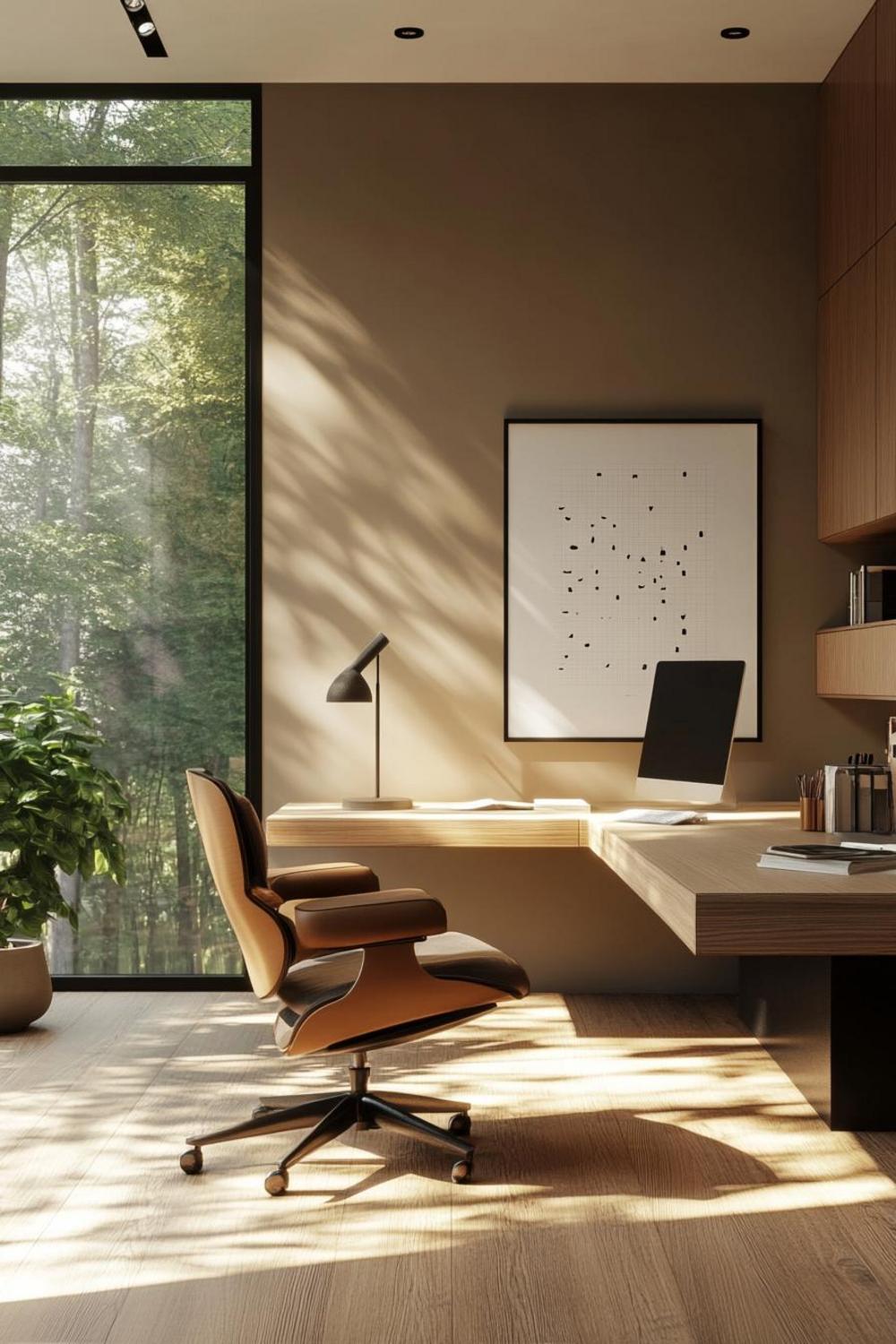 Wellness-focused remote work environment with plants and natural elements