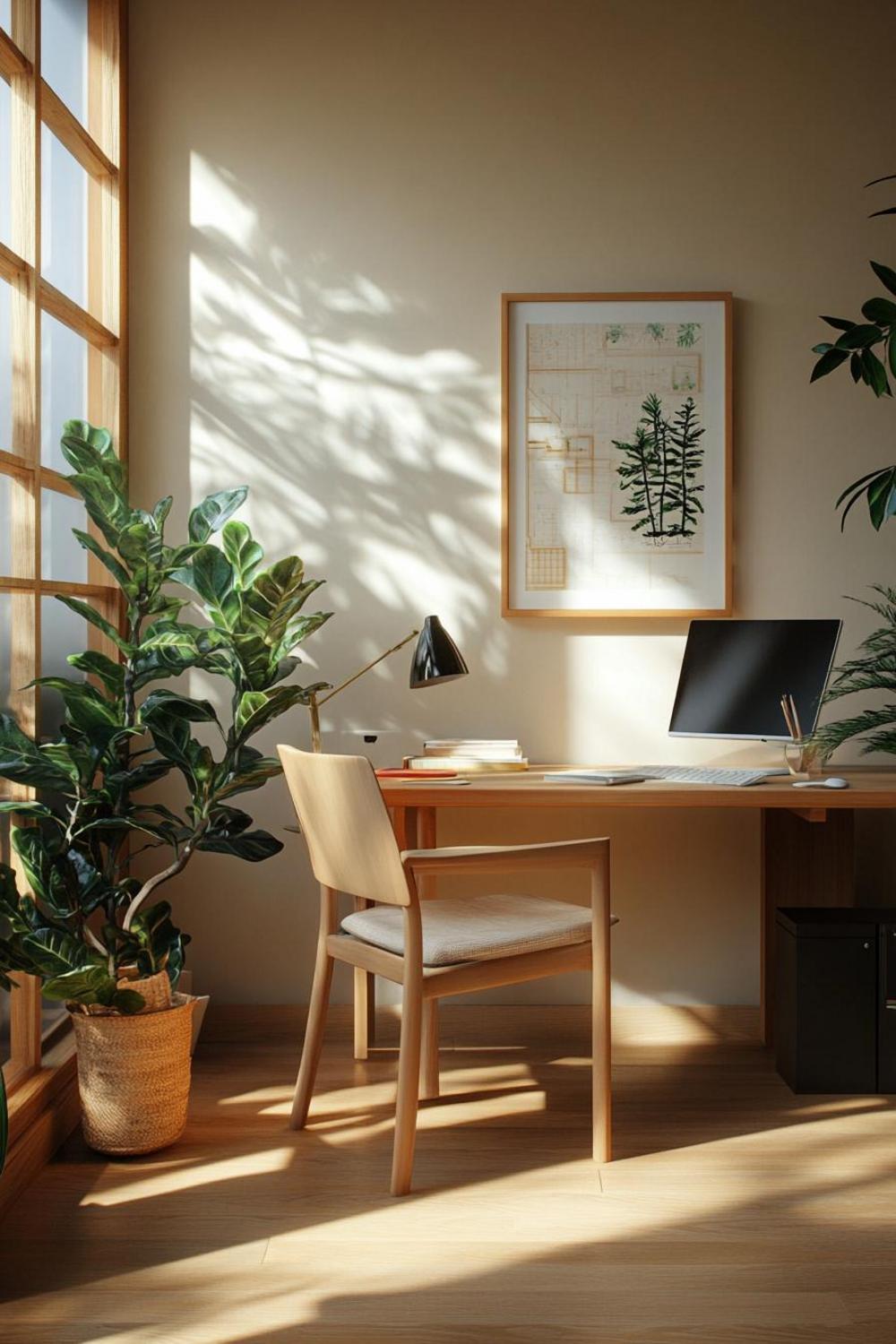 Zen-inspired home office with natural materials and relaxing atmosphere