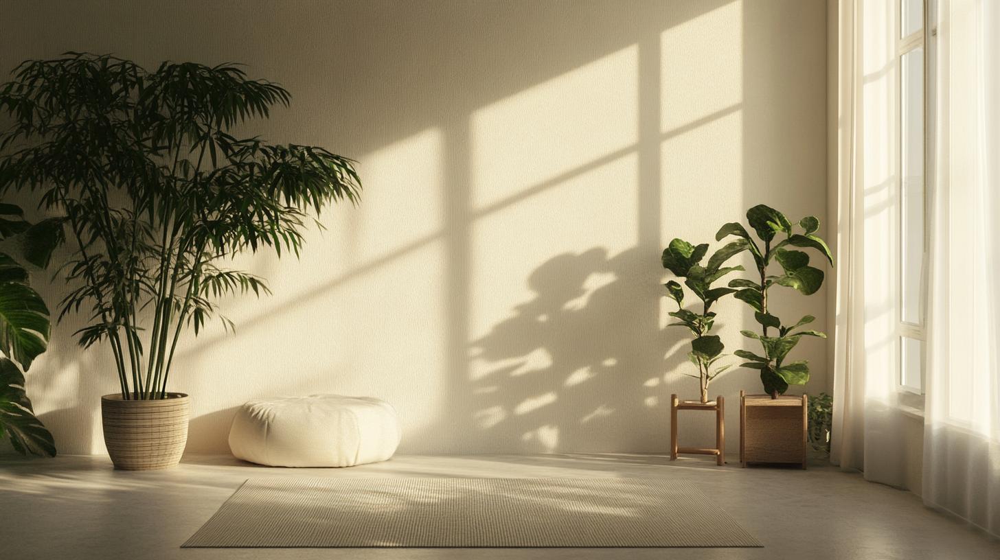 Cozy meditation space with plants and calming color palette