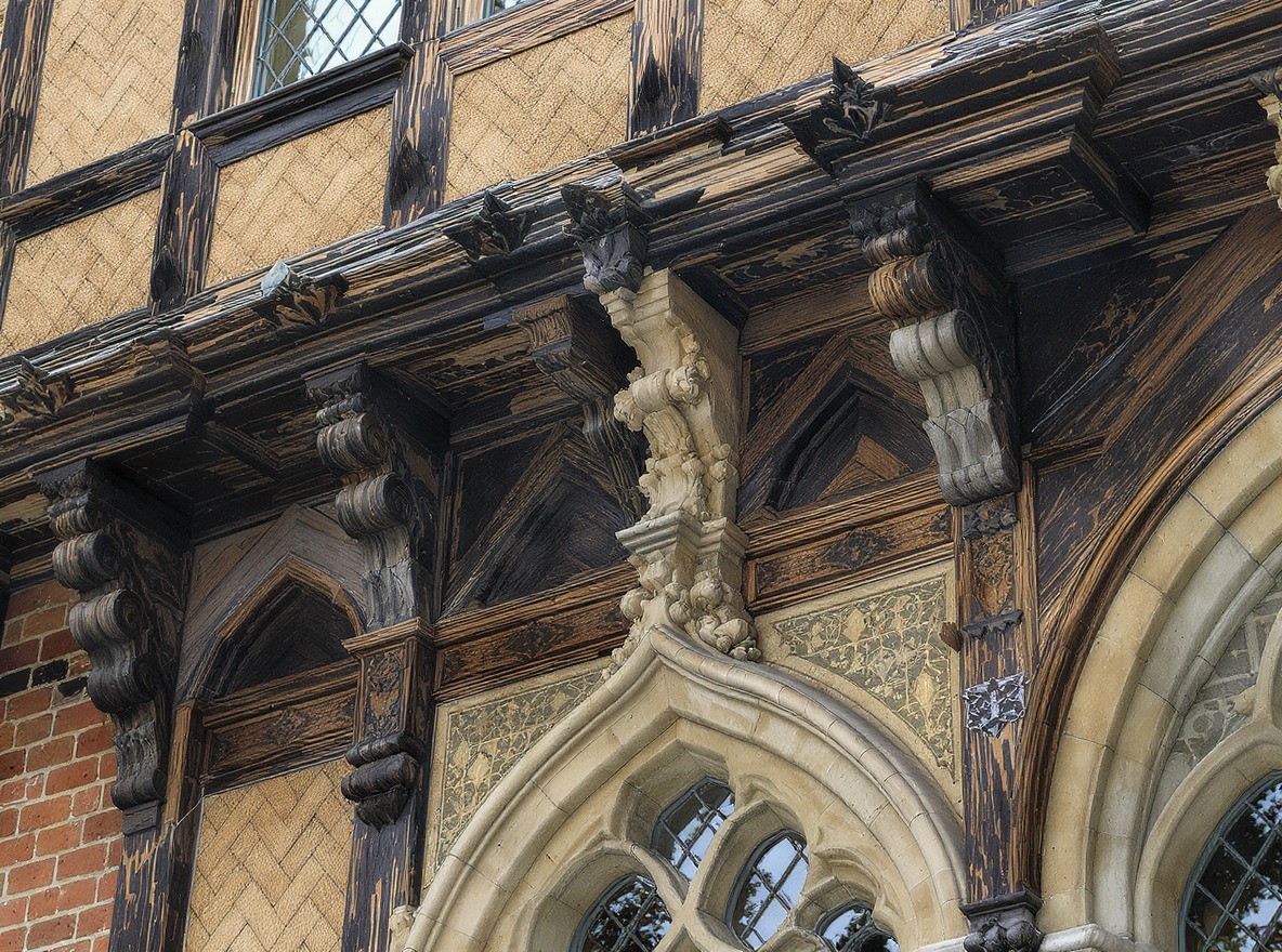 Close-up of Tudor style architectural craftsmanship and timber framing