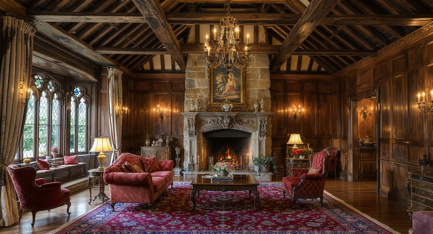 Luxurious Tudor style interior with wooden beams and stone fireplace