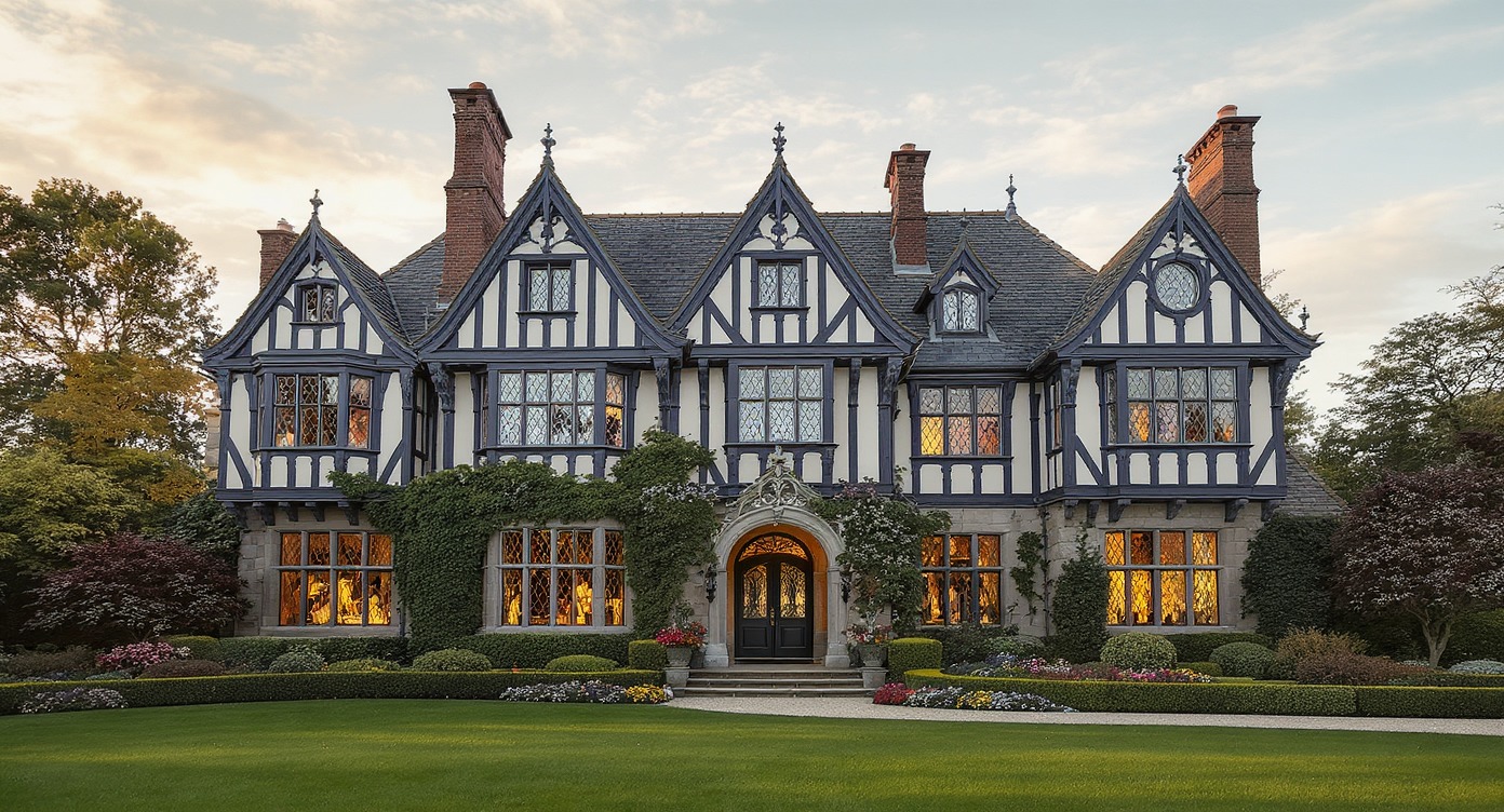 Magnificent Tudor style house with half-timbered facade and traditional architecture