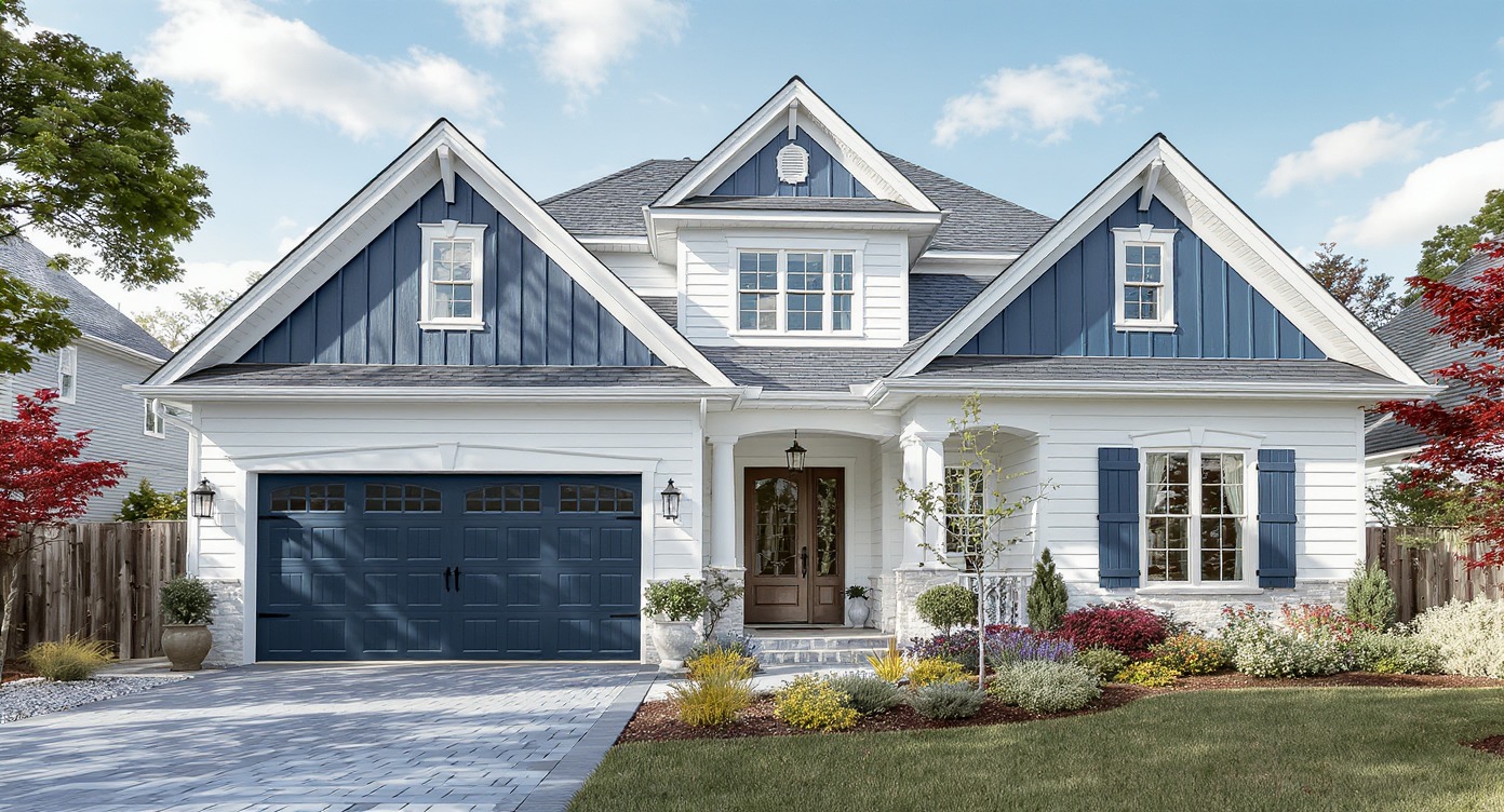 Modern house exterior with navy blue and white color scheme