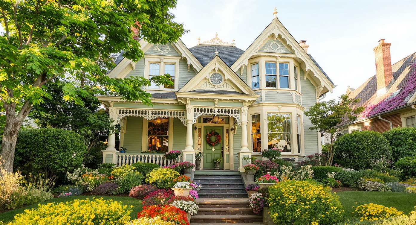 Victorian house painted in sage green and cream colors