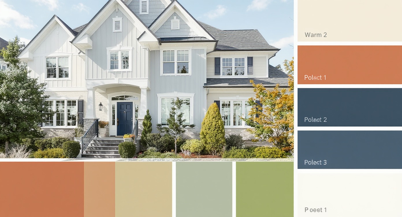 Contemporary home exterior color scheme and paint swatches