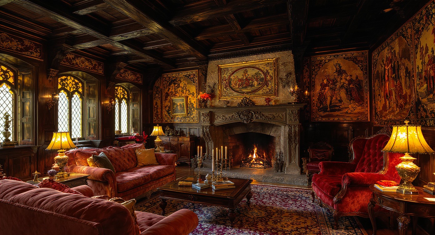 Luxurious Tudor style living room with wood paneling and exposed beams