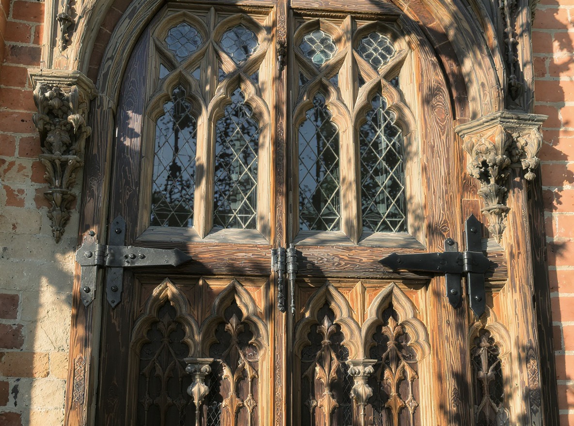 Close-up of Tudor architectural elements including carved wood and leaded glass