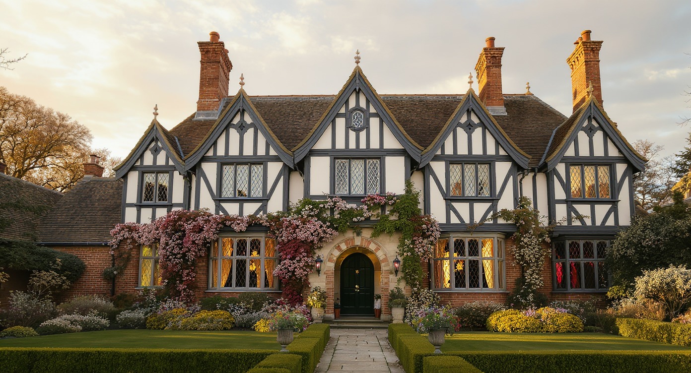 Traditional Tudor style house with black timber framing and white plaster walls