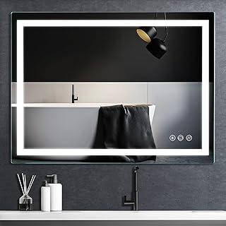 A large, rectangular HOMVAN LED bathroom mirror with soft, dimmable backlighting illuminating a sleek double vanity in a contemporary master bathroom.