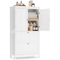 A modern white VASAGLE wall cabinet with louvered doors mounted above a toilet in a clean master bathroom.